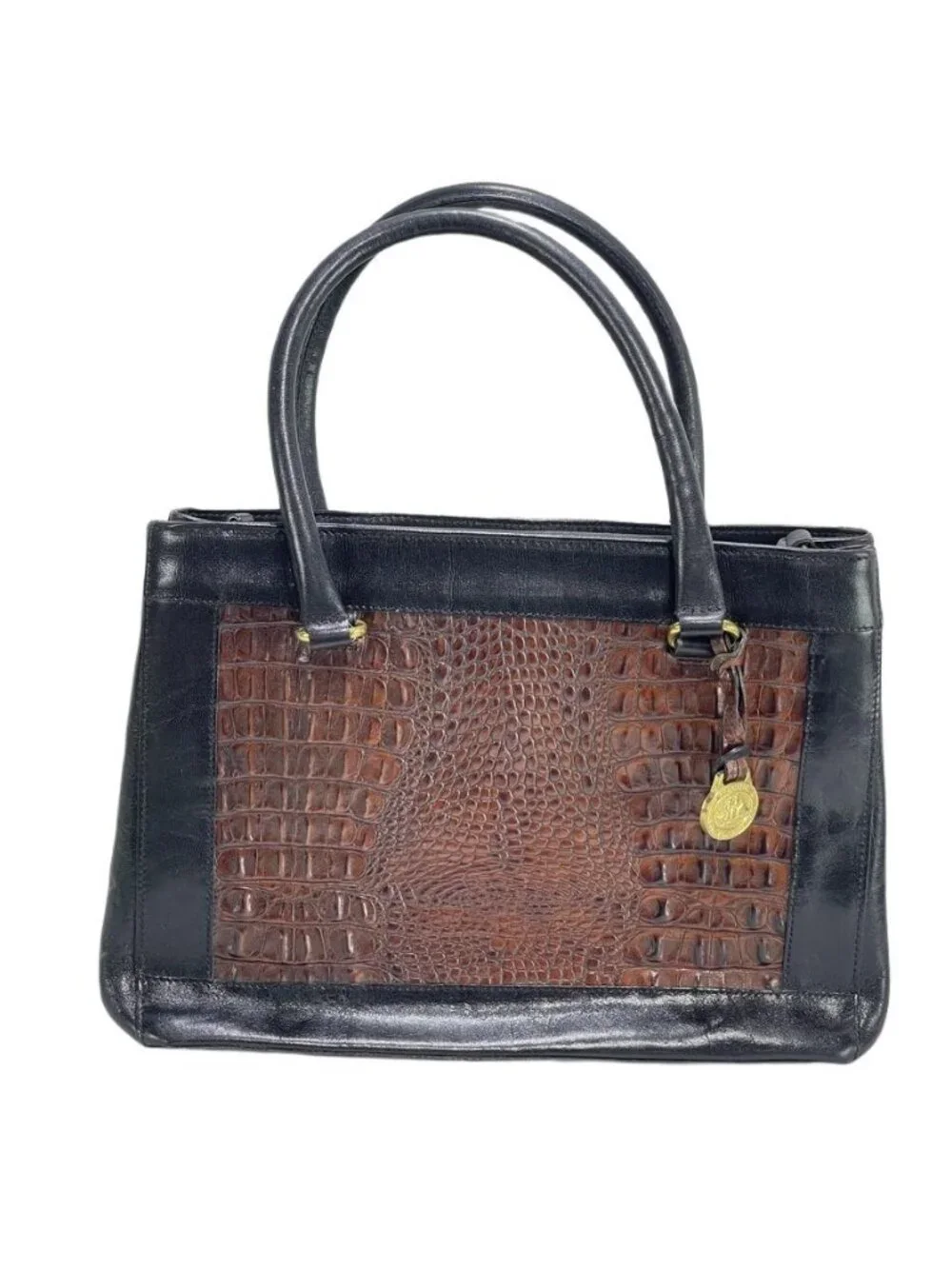Vintage Brahmin Two-Tone Black & Brown Leather Crocodile Embossed Handbag With G